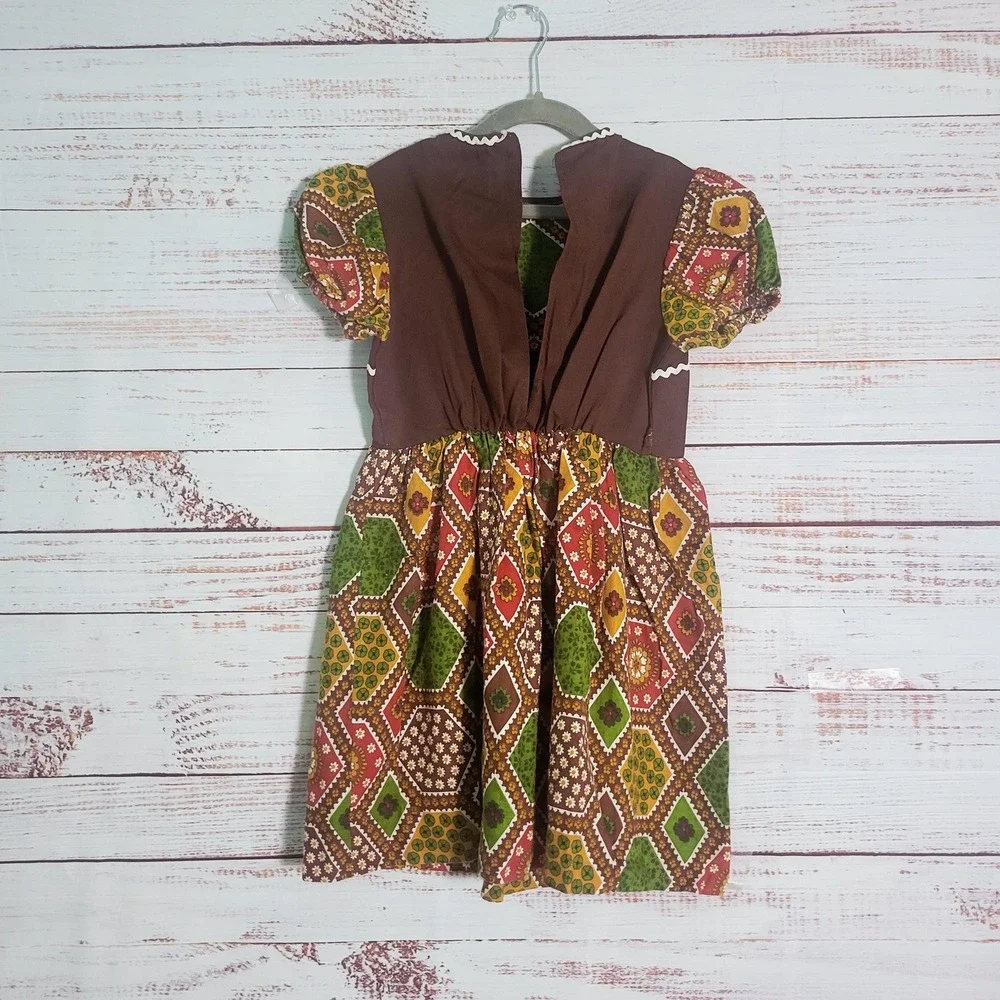 Vintage Girls Patchwork Peasant Dress (Unfinished) 1960s/70s Brown Green Calico